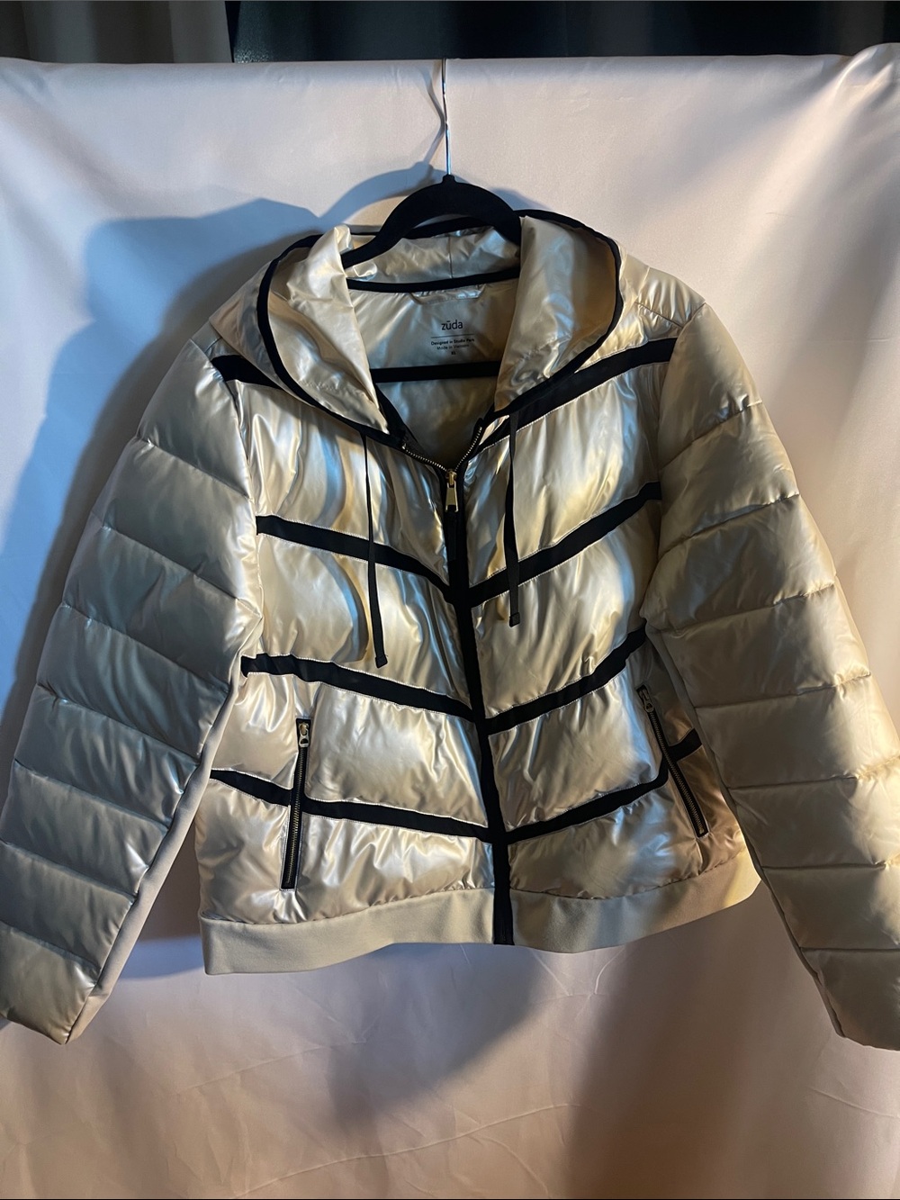 zuda Cream Quilted Puffer Jacket with Black Trim